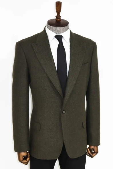 Kazayağı Desenli Yün Koyu Yeşil Erkek Ceket - Wessi - Resim 5