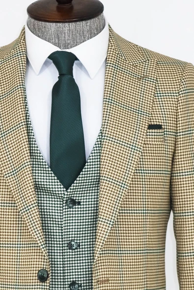 Bej Ekoseli Desenli Yelekli Erkek Takım Elbise - Wessi - Resim 2