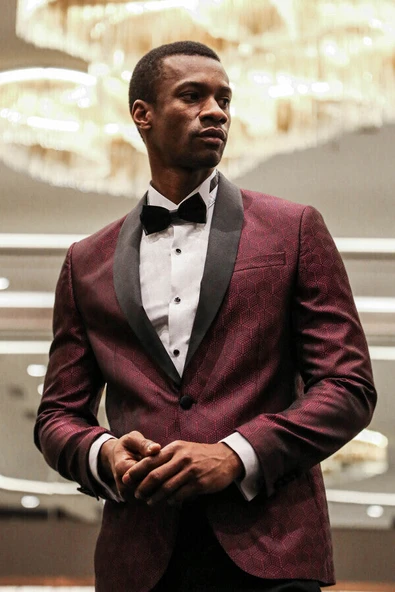 Beşgen Desenli Şal Yaka Bordo Erkek Smokin Ceket - Wessi - Resim 3