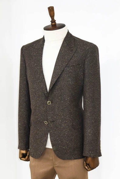 Kazayağı Desenli Yün Kahverengi Erkek Ceket - Wessi - Resim 4