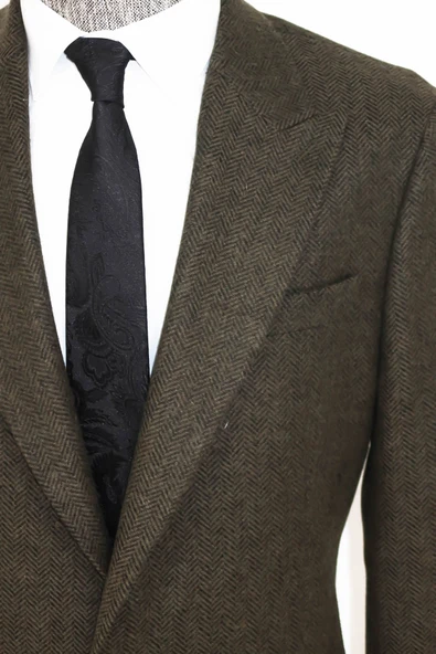 Kazayağı Desenli Yün Koyu Yeşil Erkek Ceket - Wessi - Resim 2
