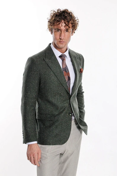 Kazayağı Desenli Yün Yeşil Erkek Ceket - Wessi - Resim 9