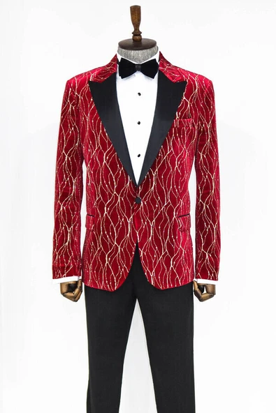 Desenli Koyu Kırmızı Erkek Smokin Ceket - Wessi - Resim 5