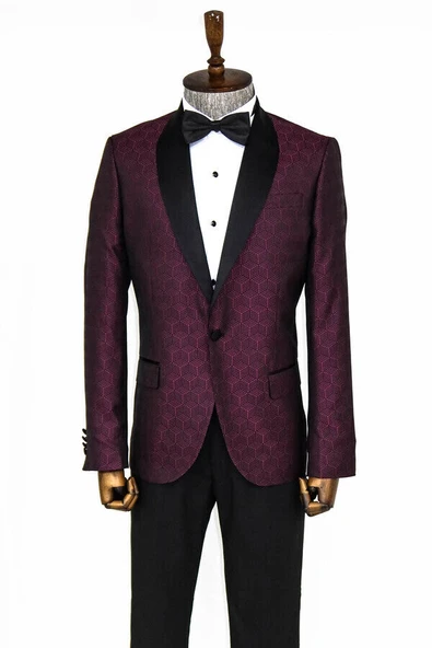 Beşgen Desenli Şal Yaka Bordo Erkek Smokin Ceket - Wessi - Resim 6