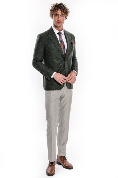 Kazayağı Desenli Yün Yeşil Erkek Ceket - Wessi - Resim 7