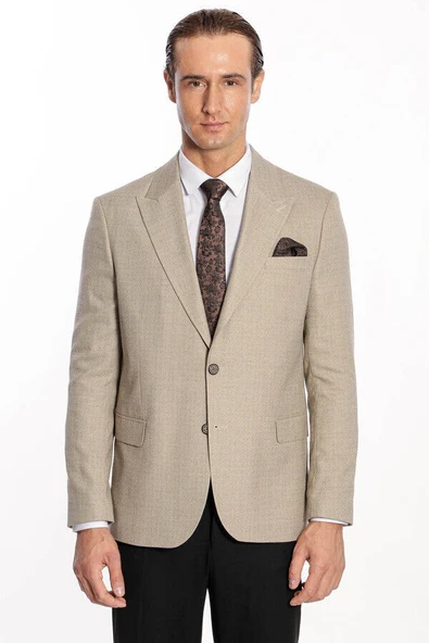 Desenli Slim Fit Krem Erkek Ceket - Wessi - Resim 7