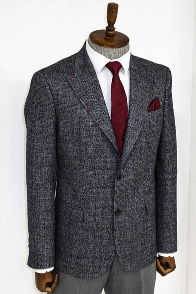 Ekose Desen Slim Fit Lacivert Erkek Ceket - Wessi - Resim 10