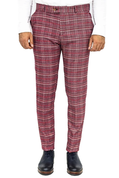 Ekose Desenli Slim Fit Bordo Erkek Pantolon - Wessi ürün görseli 1