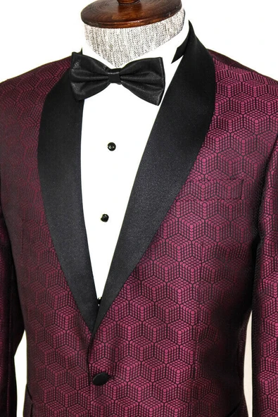 Beşgen Desenli Şal Yaka Bordo Erkek Smokin Ceket - Wessi - Resim 8
