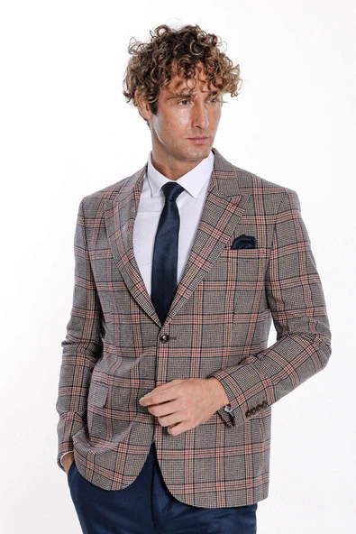 Ekose Desenli Lacivert Erkek Ceket - Wessi - Resim 4