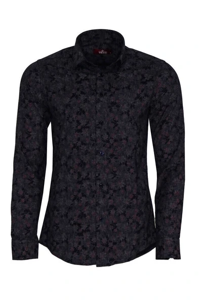 Çiçek Desenli Slim Fit Lacivert Erkek Gömlek - Wessi ürün görseli 1