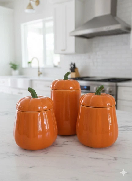 3'LÜ KAPAKLI BAL KABAK KAVANOZ SETİ ORANGE PUMPKIN SERİSİ SERAMİK 500, 750 ve 1000 ML - Resim 3