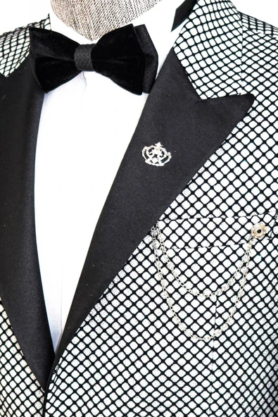 Siyah Desenli Simli Beyaz Erkek Smokin Ceket - Wessi - Resim 6