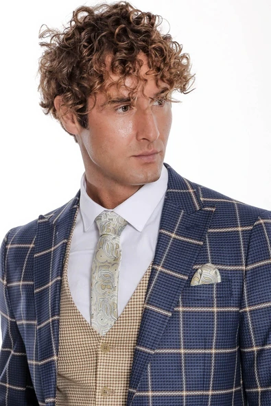 Lacivert Ekoseli Desenli Yelekli Takım Elbise - Wessi - Resim 10