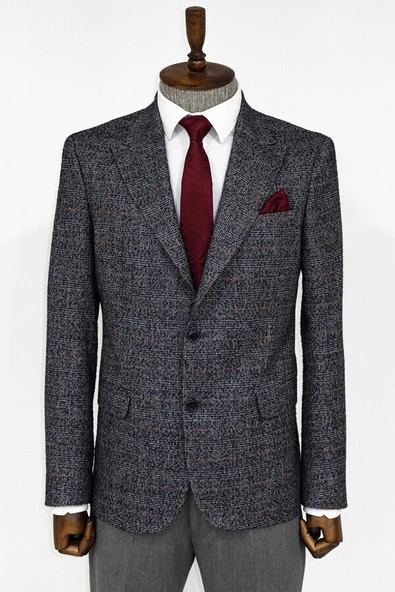 Ekose Desen Slim Fit Lacivert Erkek Ceket - Wessi - Resim 9