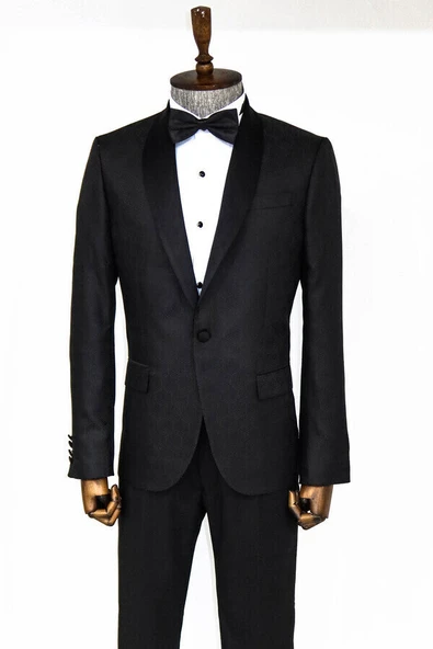 Beşgen Desenli Şal Yaka Siyah Erkek Smokin Ceket - Wessi - Resim 5