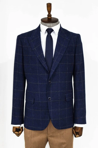 Kare Desen Yün Lacivert Erkek Ceket - Wessi - Resim 10