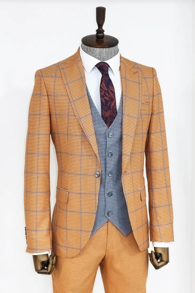 Desenli Slim Fit Turuncu Erkek Takım Elbise - Wessi - Resim 7