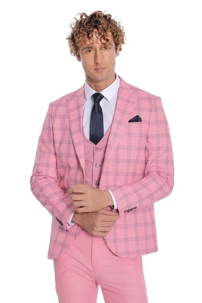 Ekose Ceketli Desenli Slim Fit Pembe Erkek Takım Elbise - Wessi - Resim 7