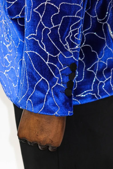 Gümüş Gül Desenli Mavi Erkek Smokin Ceket - Wessi - Resim 4