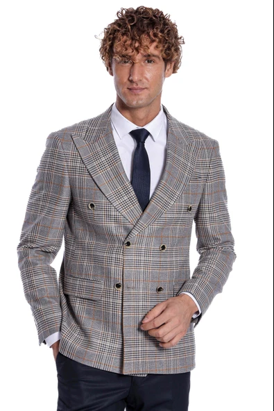 Ekose Desenli Kruvaze Füme Erkek Ceket - Wessi - Resim 10