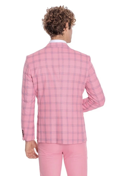 Ekose Ceketli Desenli Slim Fit Pembe Erkek Takım Elbise - Wessi - Resim 4
