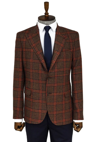 Ekose Desenli Kahverengi Erkek Ceket - Wessi ürün görseli 1