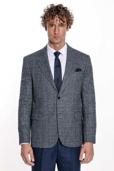 Ekose Desen Slim Fit Lacivert Erkek Ceket - Wessi - Resim 6