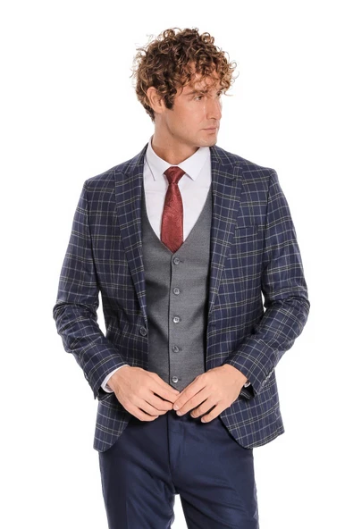 Mavi Yelekli Slim Fit Ekose Lacivert Erkek Takım Elbise - Wessi - Resim 8
