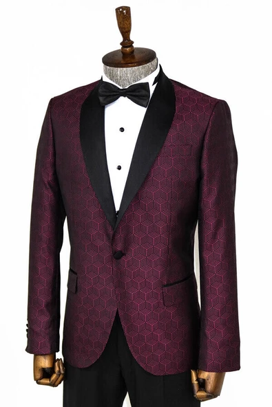 Beşgen Desenli Şal Yaka Bordo Erkek Smokin Ceket - Wessi - Resim 7