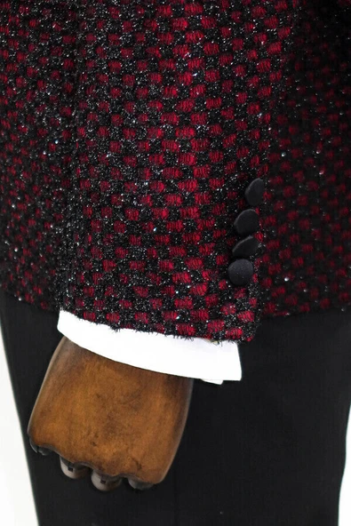 Kareli Desenli Simli Bordo Erkek Smokin Ceket - Wessi - Resim 8