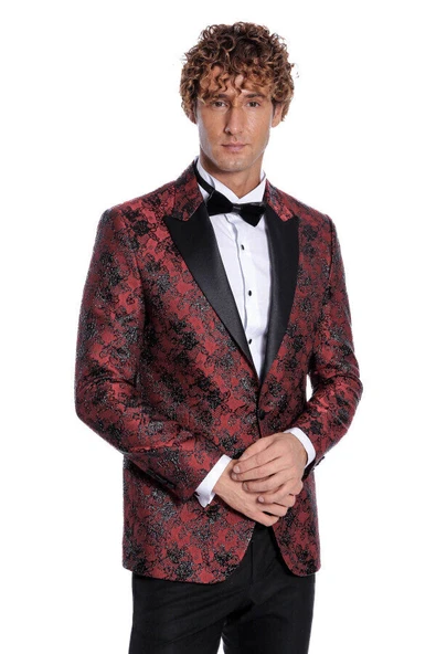 Floral Desenli Slim Fit Bordo Erkek Smokin Ceket - Wessi - Resim 3