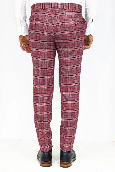 Ekose Desenli Slim Fit Bordo Erkek Pantolon - Wessi - Resim 5
