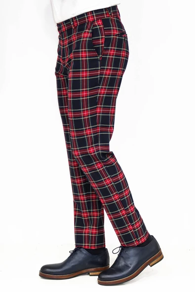 Ekose Desenli Slim Fit Lacivert Erkek Pantolon - Wessi - Resim 3