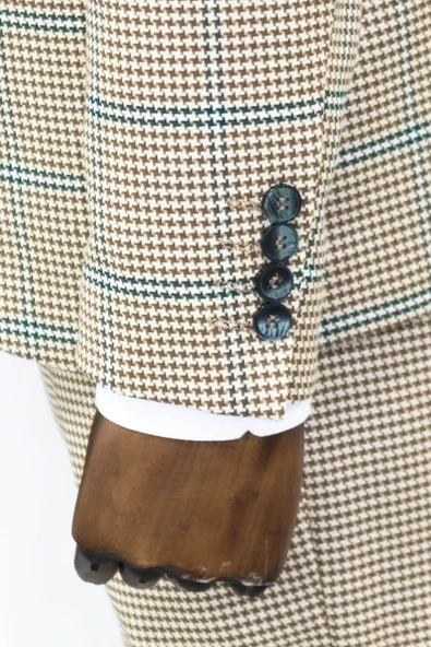 Bej Ekoseli Desenli Yelekli Erkek Takım Elbise - Wessi - Resim 3