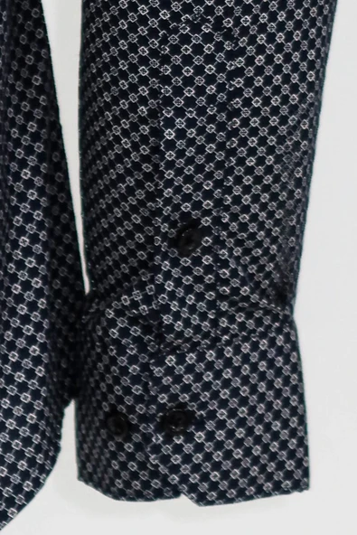 Lacivert Mini Kare Desenli Slim Fit Gömlek - Wessi - Resim 3