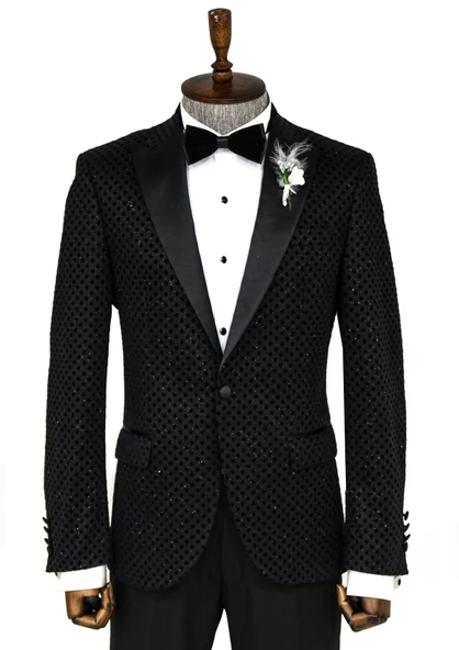 Pullu Nokta Desenli Siyah Erkek Smokin Ceket - Wessi ürün görseli 1