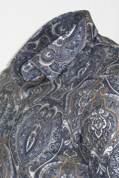 Damask Desenli Mavi Slim Fit Gömlek - Wessi - Resim 2