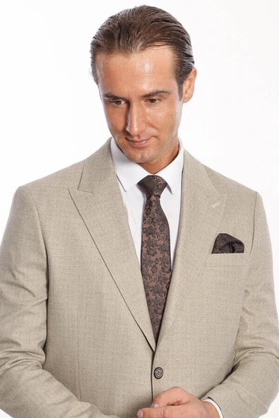 Desenli Slim Fit Krem Erkek Ceket - Wessi - Resim 2