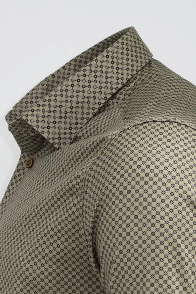 Mini Kare Desenli Slim Fit Açık Kahve Erkek Gömlek - Wessi - Resim 3