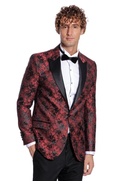 Floral Desenli Slim Fit Bordo Erkek Smokin Ceket - Wessi - Resim 5