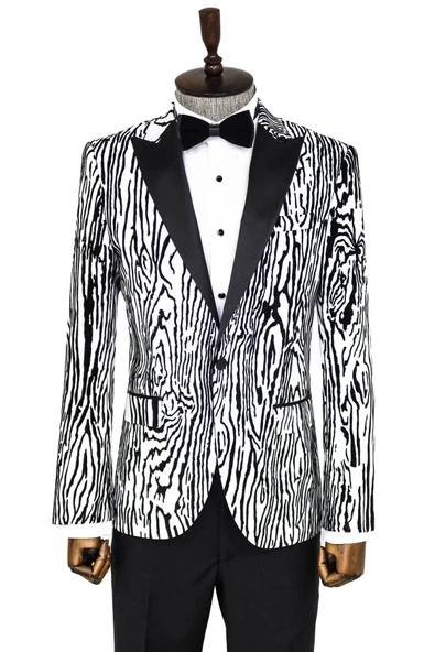 Slim Fit Zebra Desen Beyaz Erkek Smokin Ceket - Wessi ürün görseli 1