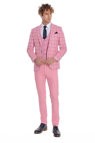 Ekose Ceketli Desenli Slim Fit Pembe Erkek Takım Elbise - Wessi - Resim 5