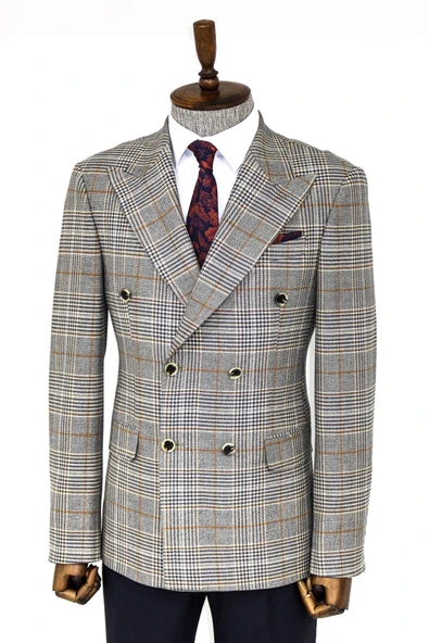 Ekose Desenli Kruvaze Füme Erkek Ceket - Wessi - Resim 5