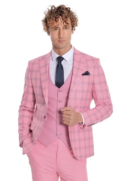 Ekose Ceketli Desenli Slim Fit Pembe Erkek Takım Elbise - Wessi - Resim 3