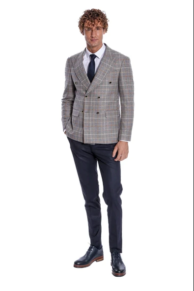 Ekose Desenli Kruvaze Füme Erkek Ceket - Wessi - Resim 9