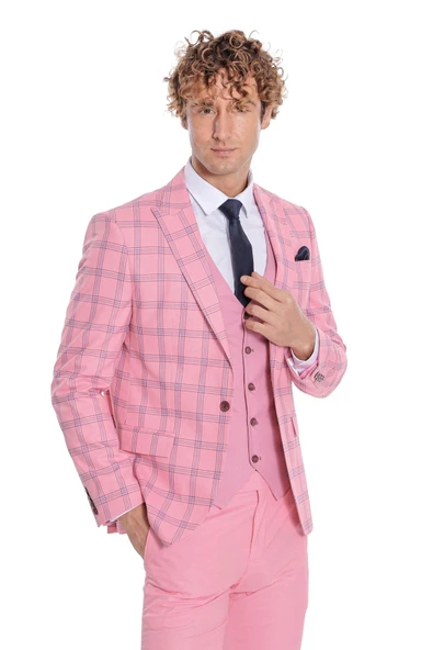 Ekose Ceketli Desenli Slim Fit Pembe Erkek Takım Elbise - Wessi - Resim 6