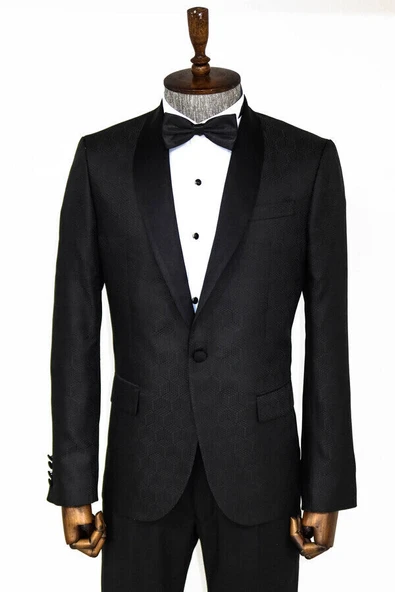 Beşgen Desenli Şal Yaka Siyah Erkek Smokin Ceket - Wessi ürün görseli 1