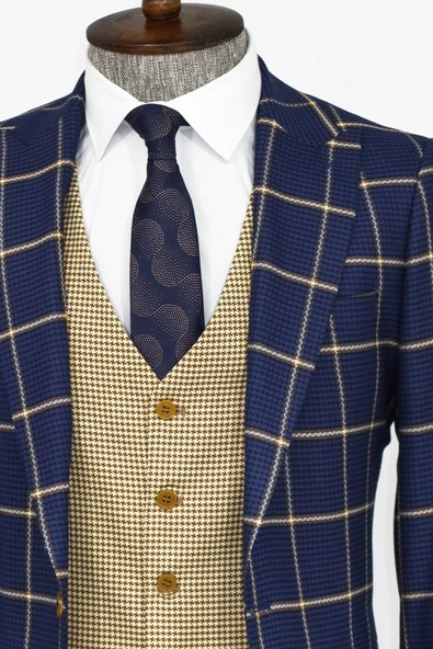 Lacivert Ekoseli Desenli Yelekli Takım Elbise - Wessi - Resim 2