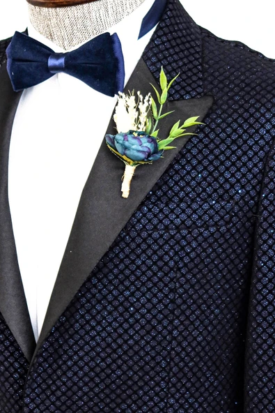 Siyah Desenli Lacivert Erkek Smokin Ceket - Wessi - Resim 2